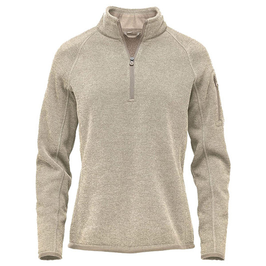 A light beige women's 1/4 zip pullover jumper with a zippered collar and a sleeve pocket. Features a branding logo.