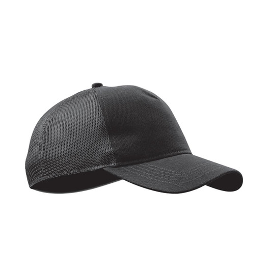 A black trucker cap featuring a solid front and mesh back, complete with a branding logo.