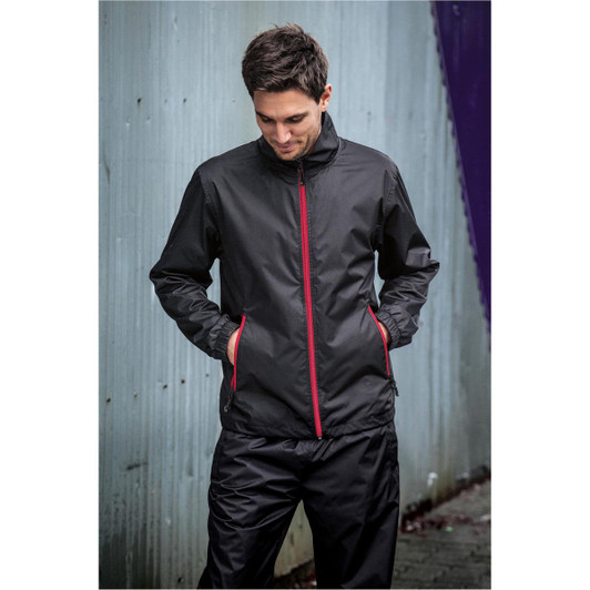 A men's black jacket with red accents, featuring a zippered front and side pockets. Includes a logo on the chest.