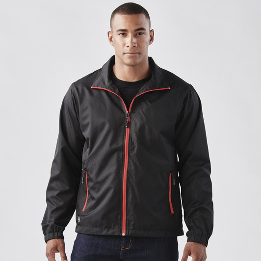 A black jacket with red accents and a zippered front, featuring side pockets and a stand-up collar.