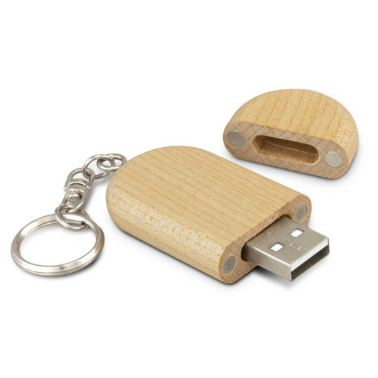 A wooden 4GB flash drive with a removable cap and keychain attachment.