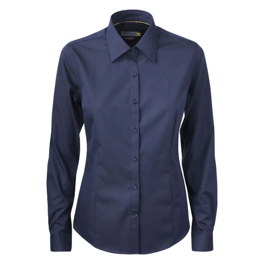 A button-up shirt in navy blue with a classic collar and long sleeves, featuring a logo.