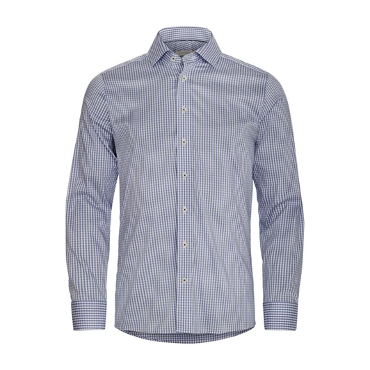 A blue and white check patterned button-up shirt with long sleeves and a collar. The shirt features buttons down the front and a logo.