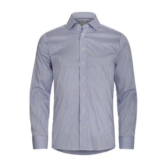 A men's button-up shirt featuring a blue and white check pattern, complete with a collar and long sleeves.