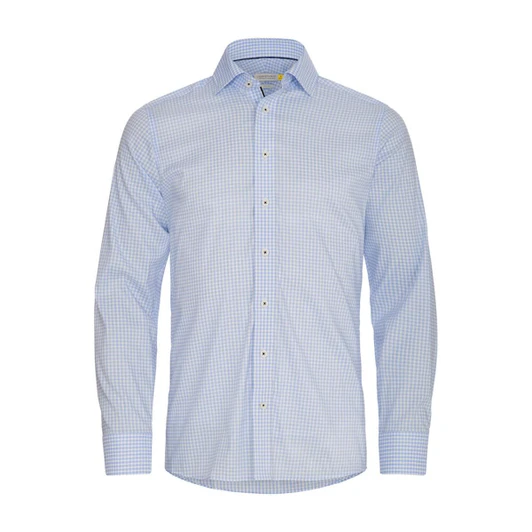 A blue checkered button-up shirt with long sleeves and a logo on the collar. Features yellow buttons for detail.