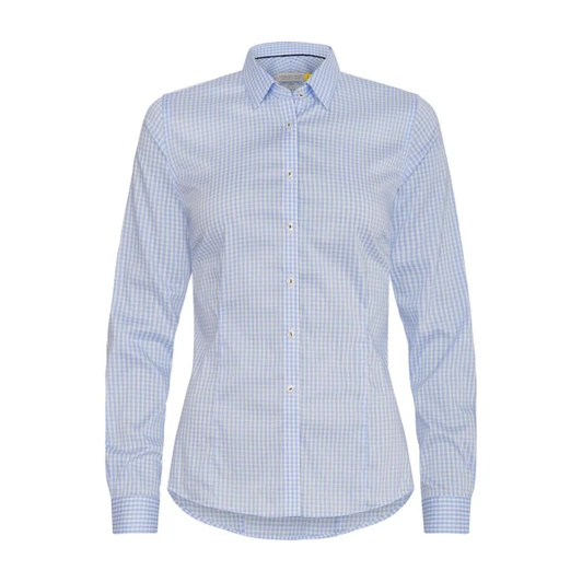 A blue and white check-patterned women's button-up shirt with a collared neckline and long sleeves.