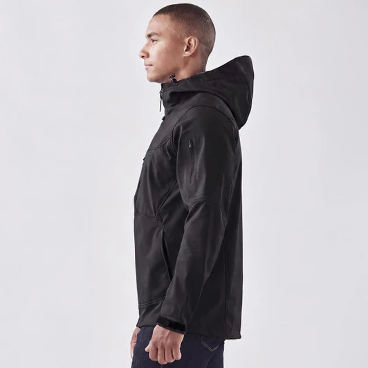 A black softshell jacket for men featuring a hood, with a logo on the sleeve.