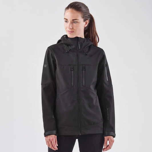 A black softshell jacket with a hood, featuring multiple zippered pockets and a logo.