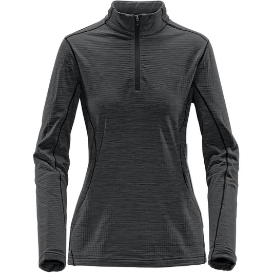 A dark grey women's base thermal 1/4 zip jumper featuring a streamlined design and a collar. It includes a branding element.