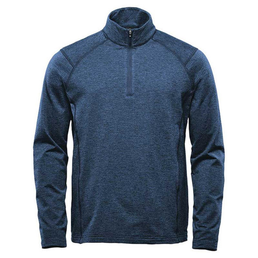 A navy performance pullover with a quarter zip and a collar, featuring raglan sleeves and a logo.