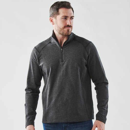 A men's dark grey 1/4 zip pullover jumper with a logo, featuring long sleeves and a collar.