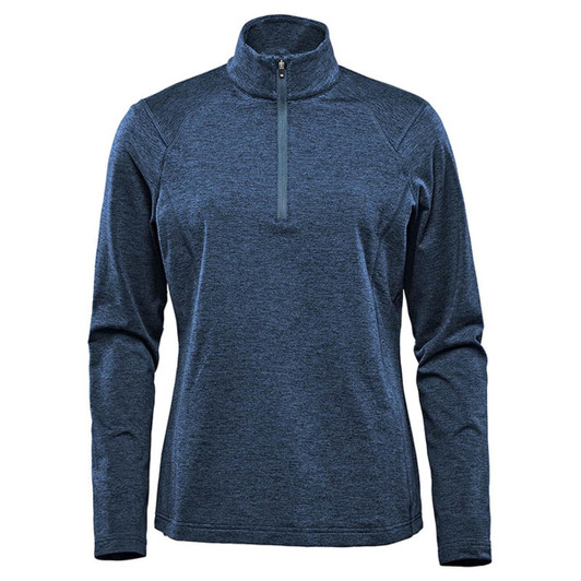 A women's 1/4 zip pullover in a dark blue colour, featuring long sleeves and a collar. It has a logo on the front.