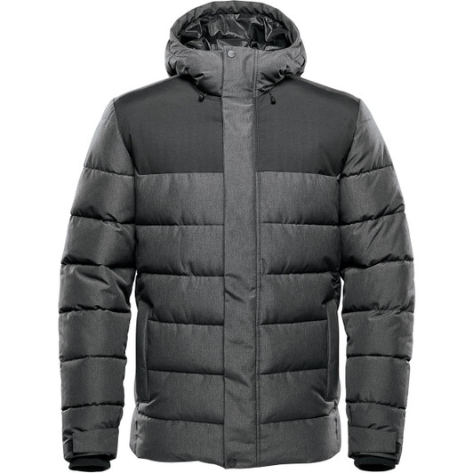 A dark grey men's parka jacket with a hood, featuring a quilted design and contrasting shoulder panels.