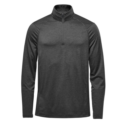 A men's Milano 1/4 zip pullover in dark grey, featuring long sleeves and a standing collar. It includes a logo.