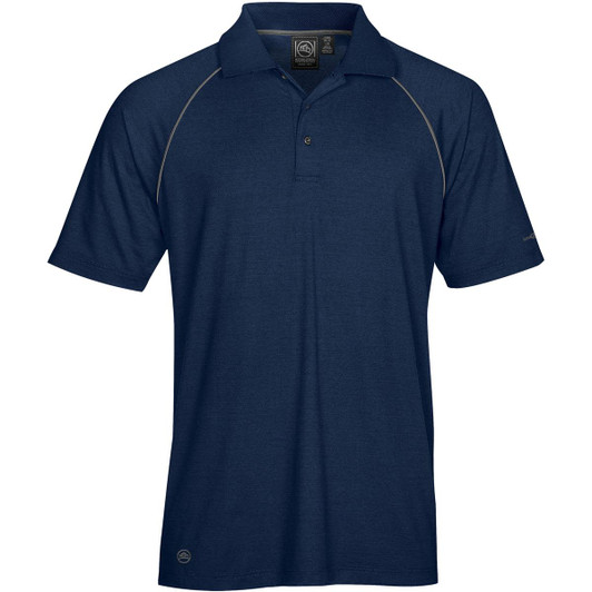 A navy blue men's polo shirt featuring a collared design and a subtle logo on the hem.