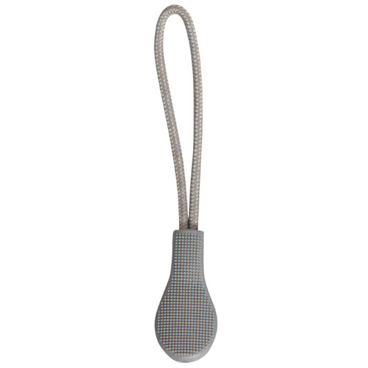 A grey zip puller with a textured grip and a looped cord for easy handling.