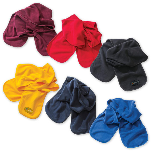 A variety of polar fleece scarves in burgundy, red, black, yellow, and blue, featuring a logo on some.