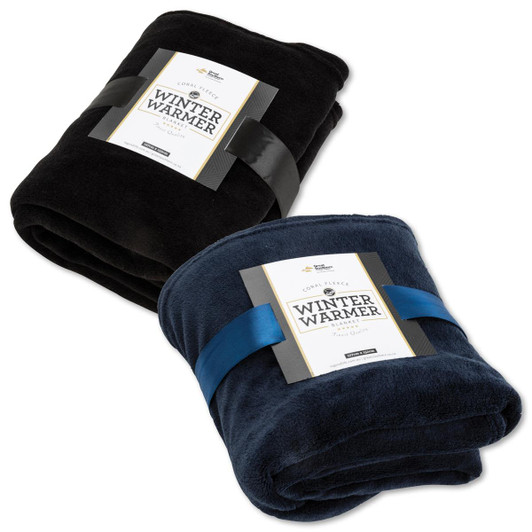A folded coral fleece blanket in black and navy blue, each with a ribbon and a branding label.