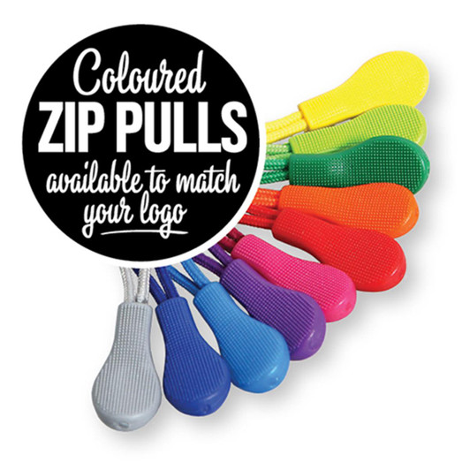 A collection of coloured zip pulls in various shades including blue, purple, pink, yellow, and orange.