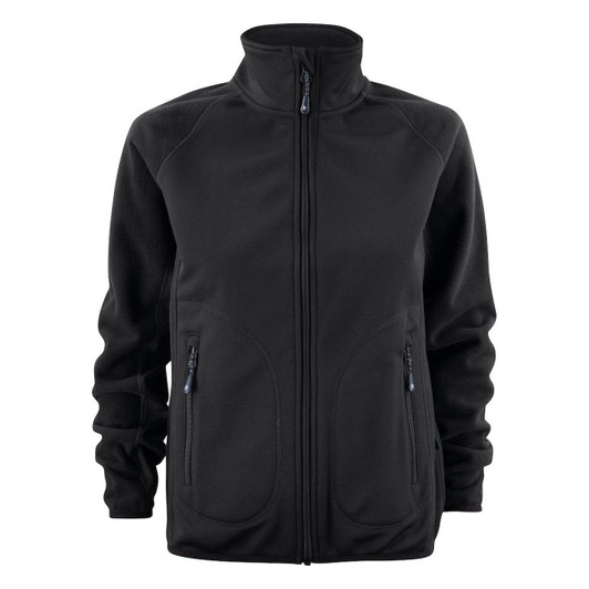 A black softshell fleece hybrid jacket with a zip front and two side pockets, featuring a logo on the chest.
