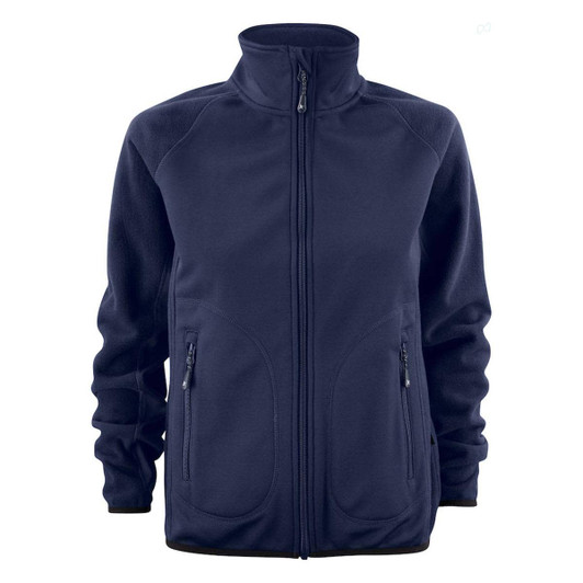 A navy women's softshell fleece hybrid jacket with a zip front and side pockets, featuring a logo.