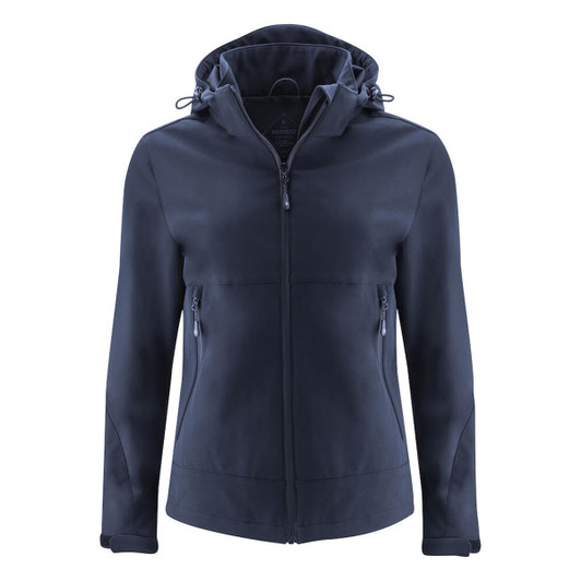 A navy softshell jacket for women featuring a hood and zippered pockets. It includes a logo on the chest.
