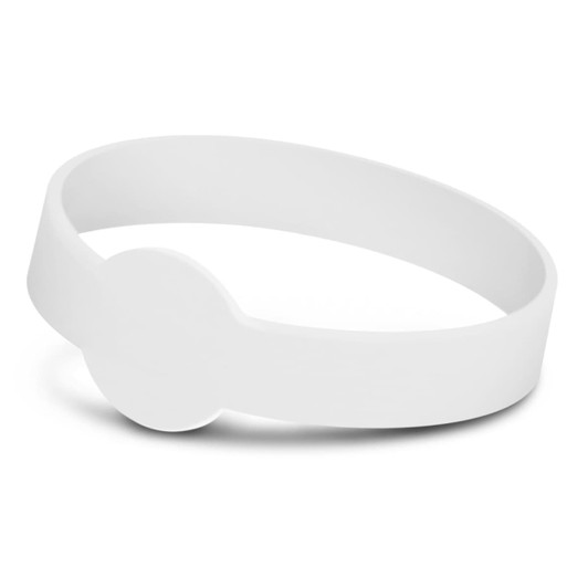 A white silicone wristband with a debossed circular feature, designed for exhibitions and events.