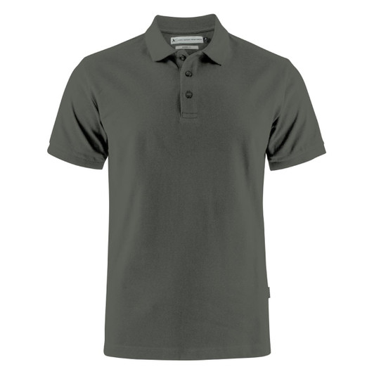 A dark green cotton polo shirt with a collar and three buttons, featuring a branding logo.