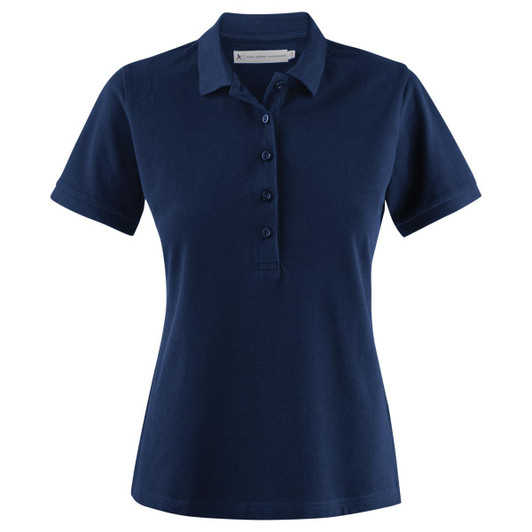 A navy women's cotton polo shirt featuring a collar and button placket, with a logo on the chest.