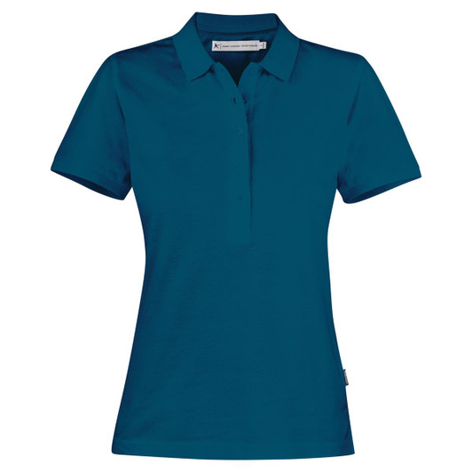 A teal women's cotton polo shirt with a classic collar and a fitted design, featuring a logo.