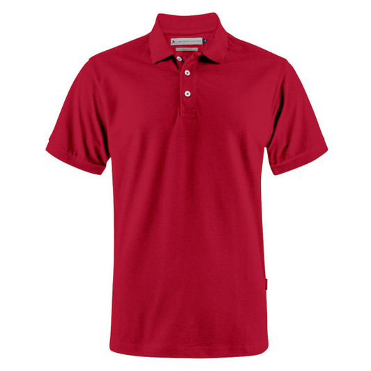 A red men's polo shirt with a collar, short sleeves, and a small logo.