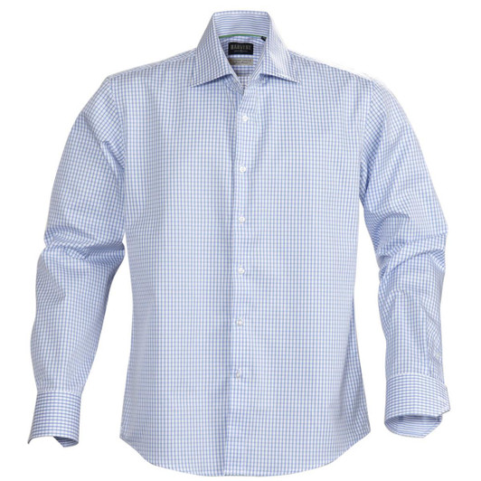 A blue and white check patterned button-up shirt with long sleeves and a collar, featuring a logo.