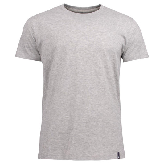 A grey crew neck t-shirt featuring a simple design and a small logo on the side. Suitable for casual wear.
