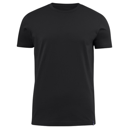 A black men's crew neck T-shirt with a simple design, featuring a small logo at the hem.