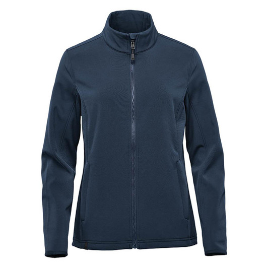 A navy softshell jacket with a full zip and high collar, featuring long sleeves and a logo on the chest.