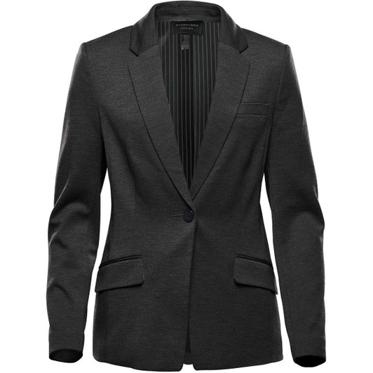 A women's black knit blazer with a single button and striped interior, featuring two front pockets and a lapel collar.