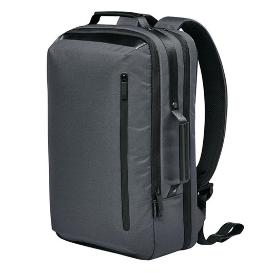 A sleek grey backpack with padded straps and multiple compartments, featuring a logo on the side.