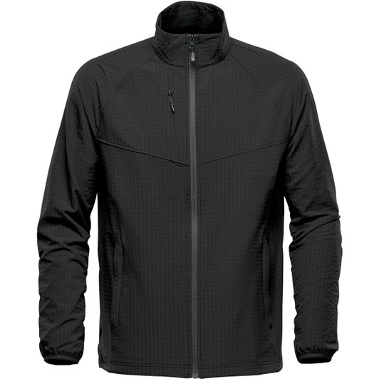 A black men's jacket with a zip front, high collar, and textured fabric. It features a logo on the front.
