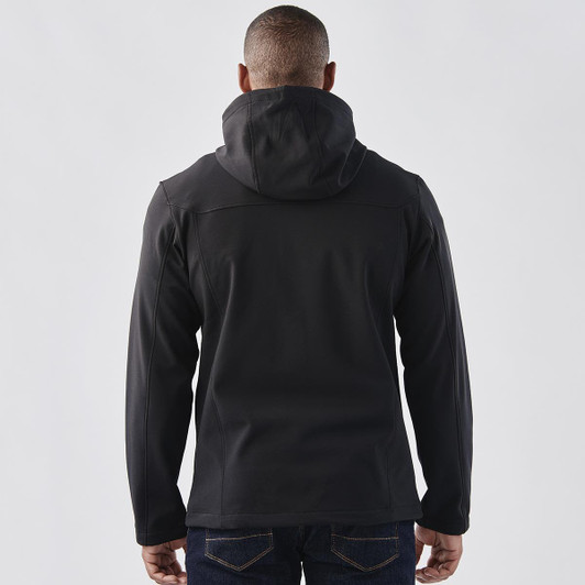 A black softshell hoody for men, featuring a hood and a sleek design, viewed from the back.
