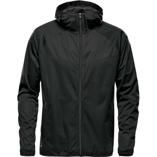 A black softshell jacket with a hood and zip closure, featuring a sleek design and an emblem.