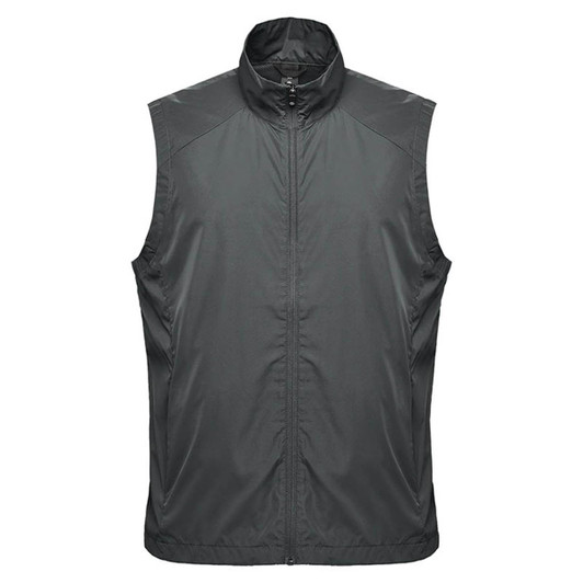 A dark green men's vest with a zip front and a high collar, featuring branding on the chest.