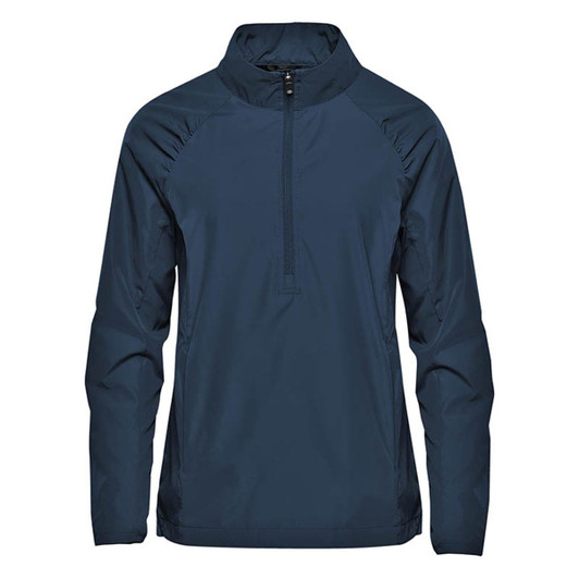 A women's Pacifica 1/4 zip anorak in navy blue, featuring a collar and long sleeves, with a logo on the front.