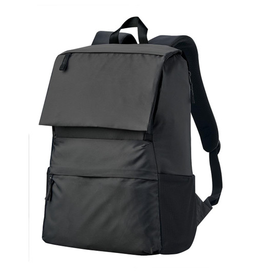 A black laptop backpack featuring a flap, adjustable straps, and a side pocket. It has a branded logo.