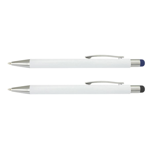 A Lancer Stylus Pen featuring a white barrel with silver accents and two interchangeable stylus tips in blue and black.