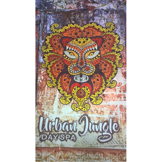 A vibrant custom sublimation beach towel featuring a colourful lion face design with intricate patterns.