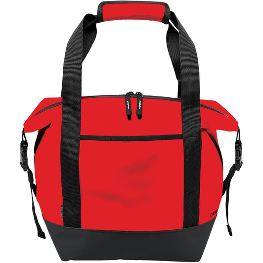 A red cooler bag with black straps features two zippered compartments and a sturdy base. It has a logo on it.