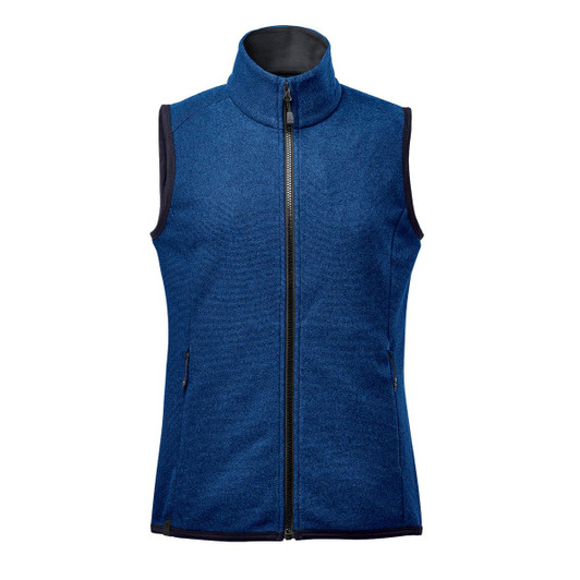 A blue women's vest with a high collar and front zip, featuring two side pockets and a logo.