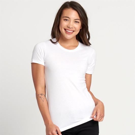 A white women's boyfriend tee displayed on a smiling model, featuring a fitted design and short sleeves.