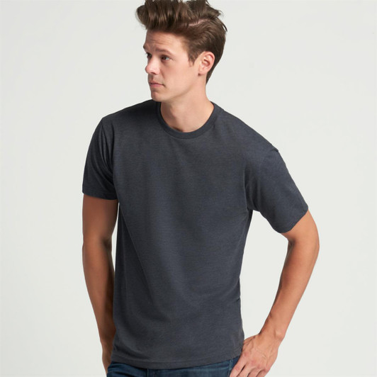 A men's crew neck t-shirt in dark grey, featuring short sleeves and a plain design. It has a logo on the label.