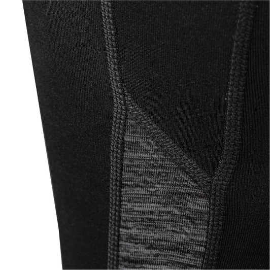 A close-up of black women's leggings featuring textured grey panels and seam detailing. Includes a logo.